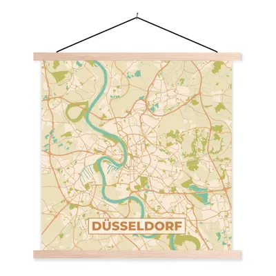 Produktbild von MuchoWow® Textilposter Karte - Düsseldorf - Vintage - Stadtplan 120x120 cm mit holzfarbenen Rahmen - Textil-Poster