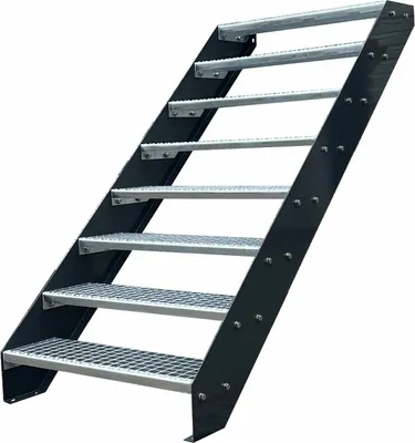 Obrázek produktu pro Mřížové ocelové schodiště s 8 stupni - pozinkované a antracitově práškově lakované podélníky - (š x v x h) 100 x 152 x 158 cm