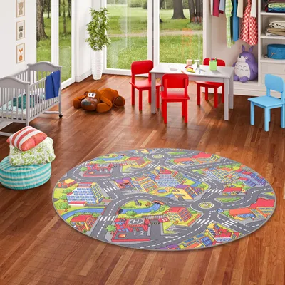 Produktbild von Kinder Spiel Teppich Little Town 3D Grau Rund, Größe:160 cm Rund