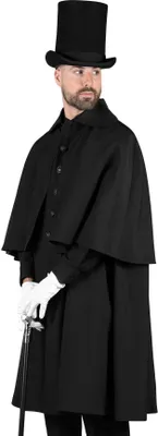 A man wearing a black top hat and a black coat with a cape.