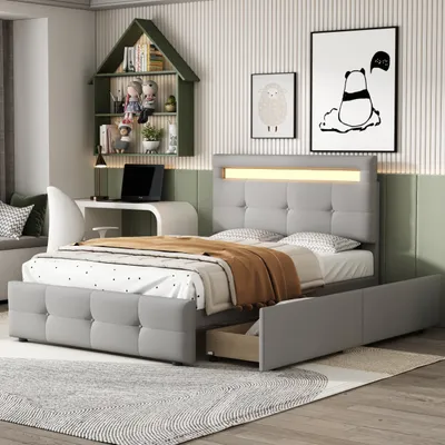 Immagine prodotto di Letto imbottito Sweiko, testata regolabile con luce LED, letto singolo con 2 cassetti, biancheria, 90*200cm