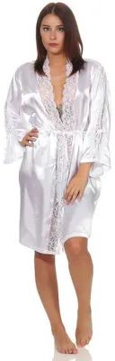 Produktbild von Damen Morgenmantel kurzer Kimono in Satin-Optik Spitze; Weiß L