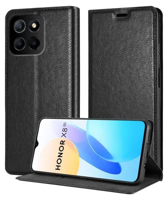 A black flip case for a smartphone is shown in a studio setting, with the phone partially open to reveal its screen.