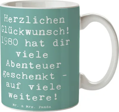 Produktbild von Mr. & Mrs. Panda Kaffeetasse Spruch 1980 Geburtstag Abenteuer - Meeresbrise - Geschenk, Geburtstagsgeschenk, Tasse, Kaffeebecher, besondere Geschenke, Becher, Pott, Alter