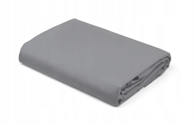 A folded gray satin fitted sheet is shown on a white background.