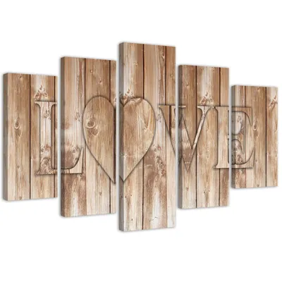 Produktbild von 5-teiliges leinwandbild liebe auf braunen tafeln 150x100 cm Feeby braun wandbild bereit zum aufhängen