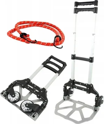 A red bungee cord and two parts of a foldable transport cart are displayed against a white background.