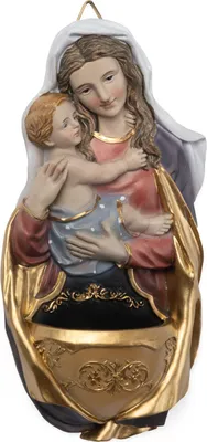 Produktbild von Madonna mit Kind Figur in Wandnische zur Wandmontage - 18,5 cm hoch - religiöse Dekofigur aus Polyresin mit goldfarbenen Akzenten - Marienfigur christliche Dekoration