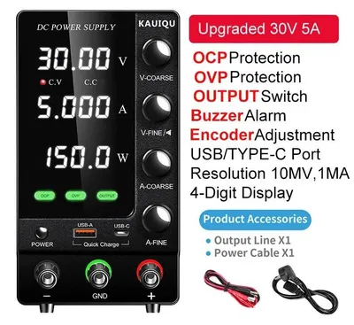 Immagine prodotto di Alimentatore da laboratorio DC - Alimentatore regolabile - 0–30V 5A - Tensione di uscita stabilizzata - Protezione OVP/OCP - Aggiornamento a 30V 5A