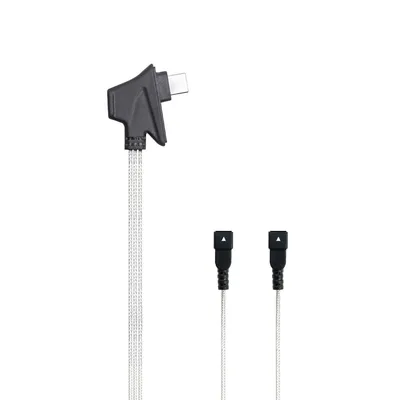 A product shot of a USB-C audio cable with two smaller connectors.