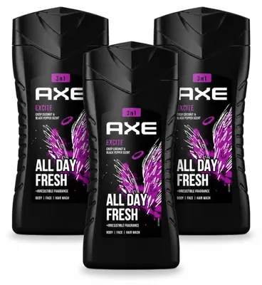Imagen del producto de 3 unidades de gel de ducha 3 en 1 Axe Excite, aroma coco y pimienta negra, 250 ml cada uno. Paquete económico