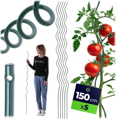 Zdjęcie produktu dla KADAX Drążki spiralne do pomidorów 150 cm x 6 mm, zestaw 5 sztuk, drążki spiralne ze stali z powłoką z tworzywa sztucznego, drążki do pomidorów, podpory dla pomidorów i roślin pnących, drążki do roślin