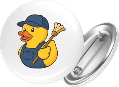 Produktbild von Huuraa Button Quietscheente Hausmeister Comic Gummiente 25mm rund mit Sicherheitsnadel Ansteckbutton Geschenkidee