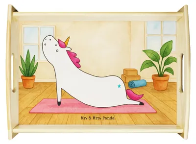 Produktbild von Mr. & Mrs. Panda Holztablett Einhorn Yoga Design - Weiß - Geschenk, Bett-Tablett, Einhörner, Tablett, Unicorn, Servier, zum servieren, Entspannung, holz serviertablett