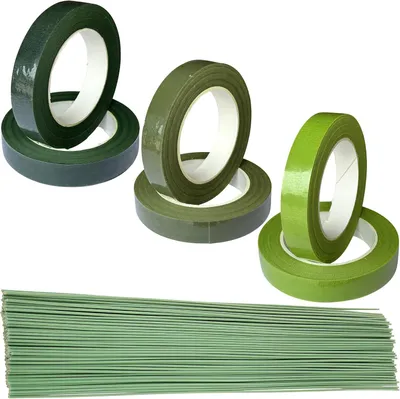 Produktbild von Blumendraht Set 30 cm, 200 Stück und 6 Rollen Bindeband, grün, für Sträuße