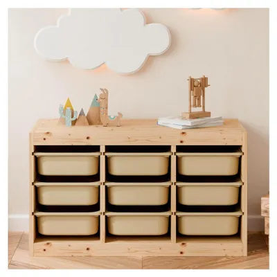 Produktbild von TRÖVI Box 42 x 30 x 10 cm für Trofast Regale, robuste Kunststoffkiste in Weiß, Beige, Rosa und Eukalyptus, Aufbewahrungsbox für Spielzeug und Haushalt im Kinderzimmer (Beige)