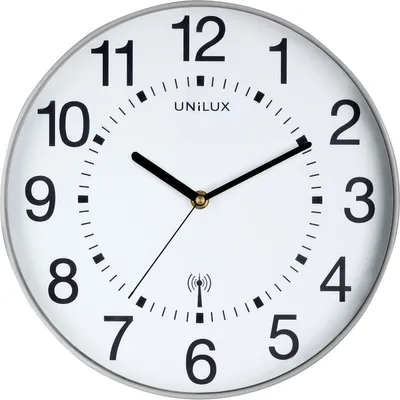 A white analog wall clock with black numbers and hands, featuring a silver frame.