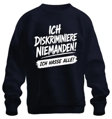 Immagine prodotto di Maglietta con cappuccio, scritta "Io non discrimino nessuno", stile sarcastico, colore blu navy, taglia S