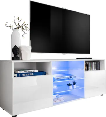 Obrázek produktu pro Extreme Furniture T38 TV Skříňka | Skříňka Do Obývacího Pokoje Se 3 Skleněnými Policemi A 2 Dvířky Bílý Korpus A Bílá Čela