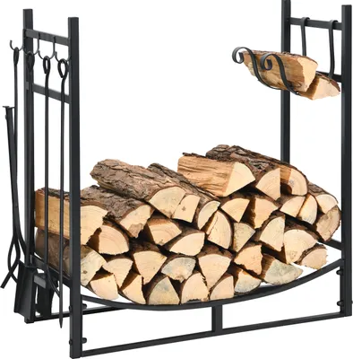 Produktbild von COSTWAY Kaminholzregal mit 4 tlg. Kaminbesteck Set, Brennholzregal Metall Kaminholzständer Kaminzubehör, Feuerholzregal Kamingarnitur schwarz (76 x 33 x 76 cm)