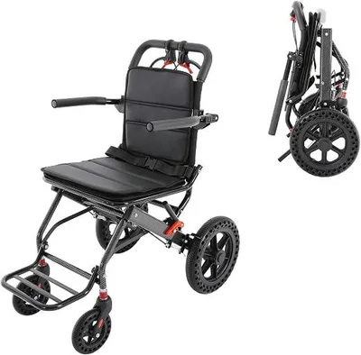 Obrázok produktu pre Kompaktný, skladací invalidný vozík, 8 kg, s otočnými opierkami rúk (270°), pomocný invalidný vozík, maximálna nosnosť 100 kg, ľahký, čierny