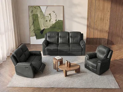 Produktbild von 3-Sitzer-Sofa, 2-Sitzer-Sofa und Sessel mit Relaxfunktion EVASION aus Leder - Grau