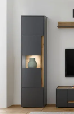 Produktbild von Vitrine 50x197 cm Eiche Anthrazit 3-türig BOSTON + Beleuchtung