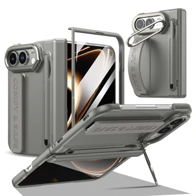 Image de Étui pour Apple iPhone Duo, avec support, protection de charnière, stylet et dragonne, en polycarbonate résistant, de couleur grise