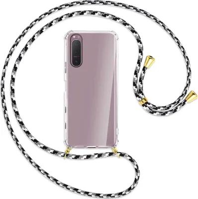 Produktbild von Handykette Backcover-Schutzhülle mit Band (Metall goldfarben) für Sony Xperia 5 II - schwarz/grau/weiß