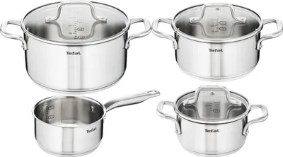 Produktbild von Tefal Virtuoso Topfset, 7-Teilig, Edelstahl -  7-Teiliges Set aus 1x Stielkasserolle 16cm, 3x Kochtöpfen 16/20/24cm + 3x Deckel