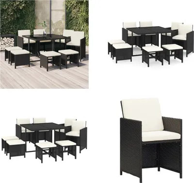 Produktbild von vidaXL 9 tlg. Garten Essgruppe mit Kissen Poly Rattan Schwarz - Garten-Essgruppe - Garten-Essgruppen - Outdoor-Essgruppe - Terrassen-Essgruppe
