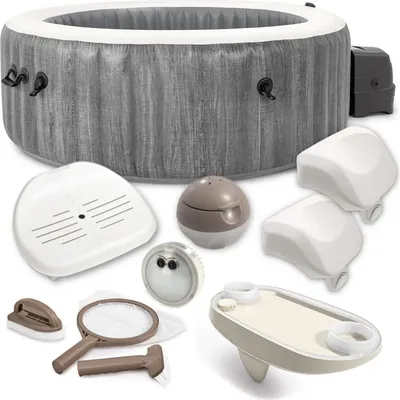 A collection of hot tub accessories laid out on a white background, with the hot tub itself in the background.