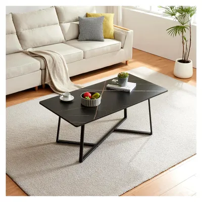 Produktbild von Couchtisch Riskiften Wohnzimmertisch 120 x 60 x 48 cm rechteckig Sofatisch mit Metallgestell in Marmoroptik, schwarz