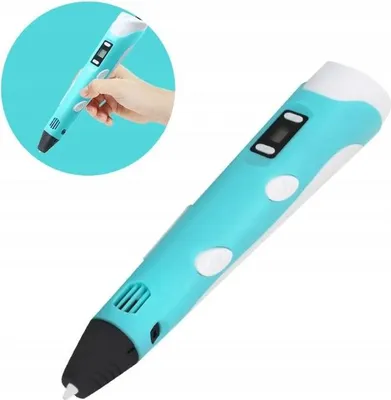 A 3D printing pen held by a hand, with a close-up view of the pen.