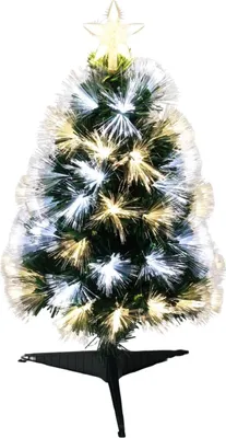 A small, artificial Christmas tree with fiber optic lights and a star topper, standing on a black base.
