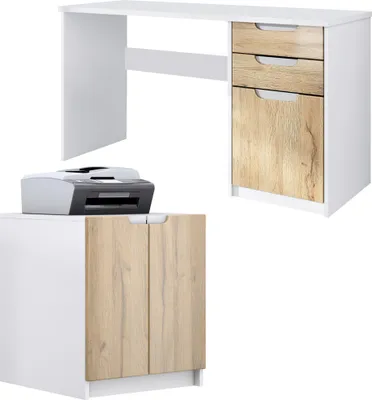 Produktbild von Vladon Büromöbel Homeoffice Set Paris,  Germany mit Druckerkommode und Schreibtisch, Weiß matt / Eiche Natur