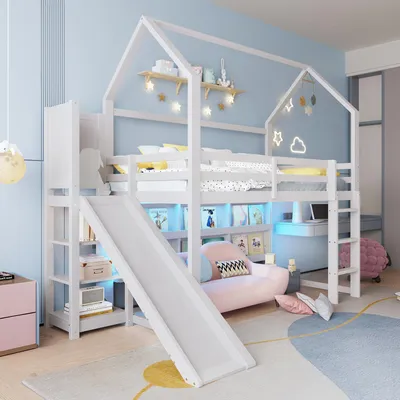 Productafbeelding van Wit hemelbed met LED-verlichting, planken en een omheining - ideaal voor kinderen, zonder matras. Stapelbed voor speel- en slaapgenot, 90x200 cm
