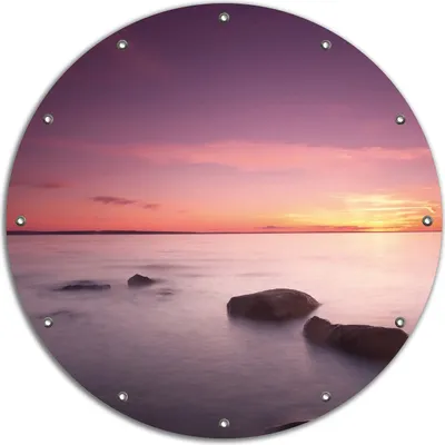 Produktbild von Wallario rundes Outdoor-Poster für Garten oder Balkon, Motiv Nebel am See bei Sonnenuntergang, 90 cm Durchmesser