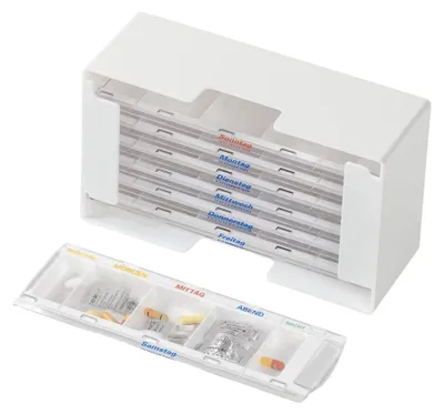 Produktbild von melipul Medikamenten-Dosierer XL-5 für 1 Woche mit 7 MW-Dispenser und 5 Fächern | Stück (1 Stück)