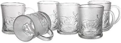 A set of six clear glass mugs with embossed rose designs.