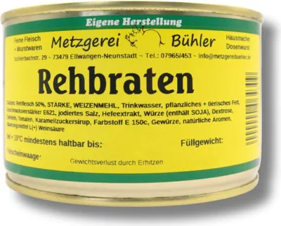 Produktbild von Rehbraten Fertiggericht in der Dose Gourmet Fleischkonserve mit Soße 800g Metzgerei Bühler