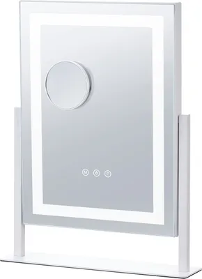 A white makeup mirror with integrated LED lighting and a magnifying mirror attachment, displayed on a white stand against a white background.