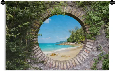 Produktbild von MuchoWow® Wandteppich Wandbehang Strand - Meer - Aussicht - Sommer 90x60 cm Tapisserie Dekoration Wandtuch - Wandskulpturen - Bildteppich