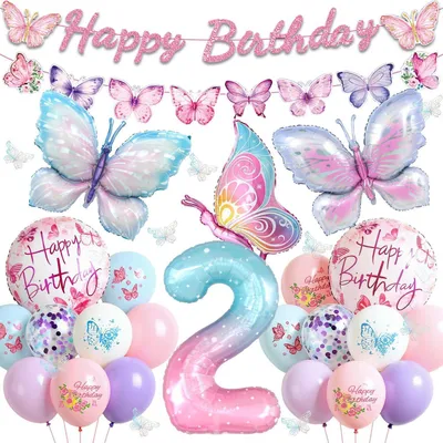 Immagine prodotto di Decorazioni per il compleanno a tema farfalla, per una bambina di 2 anni, set da 46 pezzi, include palloncini, ghirlanda e palloncini in foil, colore rosa