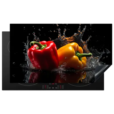 Produktbild von KitchenYeah© Herdabdeckplatte Paprika - Wasser - Schwarz - Gemüse - Rot - Gelb , 89x51cm, Küche Deko, Glaskeramikkochfeld Herdabdeckung, Abdeckplatte fùr Kochfeld