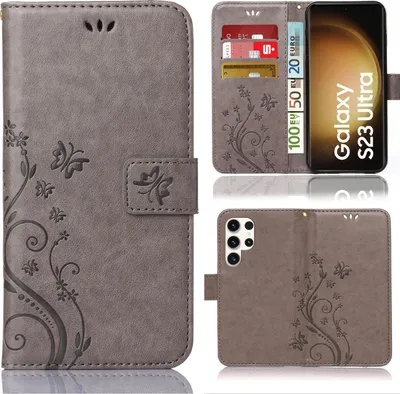 A collage of images showing a grey flip phone case with a floral pattern, a phone inside the case, and a close-up of the case's interior card slots.