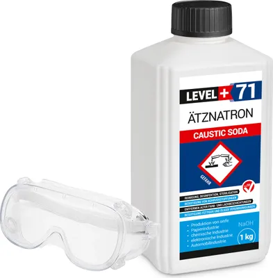 Produktbild von Ätznatron Entfetter Rohrreiniger Perlen Caustic Soda Flasche 1kg Seifenindustrie + Schutzbrille Arbeitsschutz Set RM71