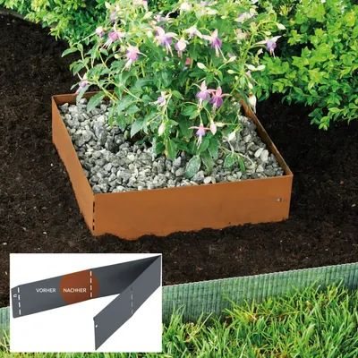 A raised garden bed border made of corten steel is shown surrounding a flowering plant. A smaller inset image shows a diagram of the product.