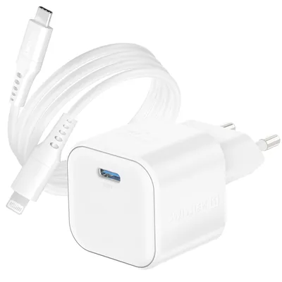 Immagine prodotto di Swissten, alimentatore USB-C GaN da 20W compatto con cavo Lightning da 1,2 m, bianco