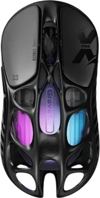 A top-down view of a black gaming mouse with internal RGB lighting.